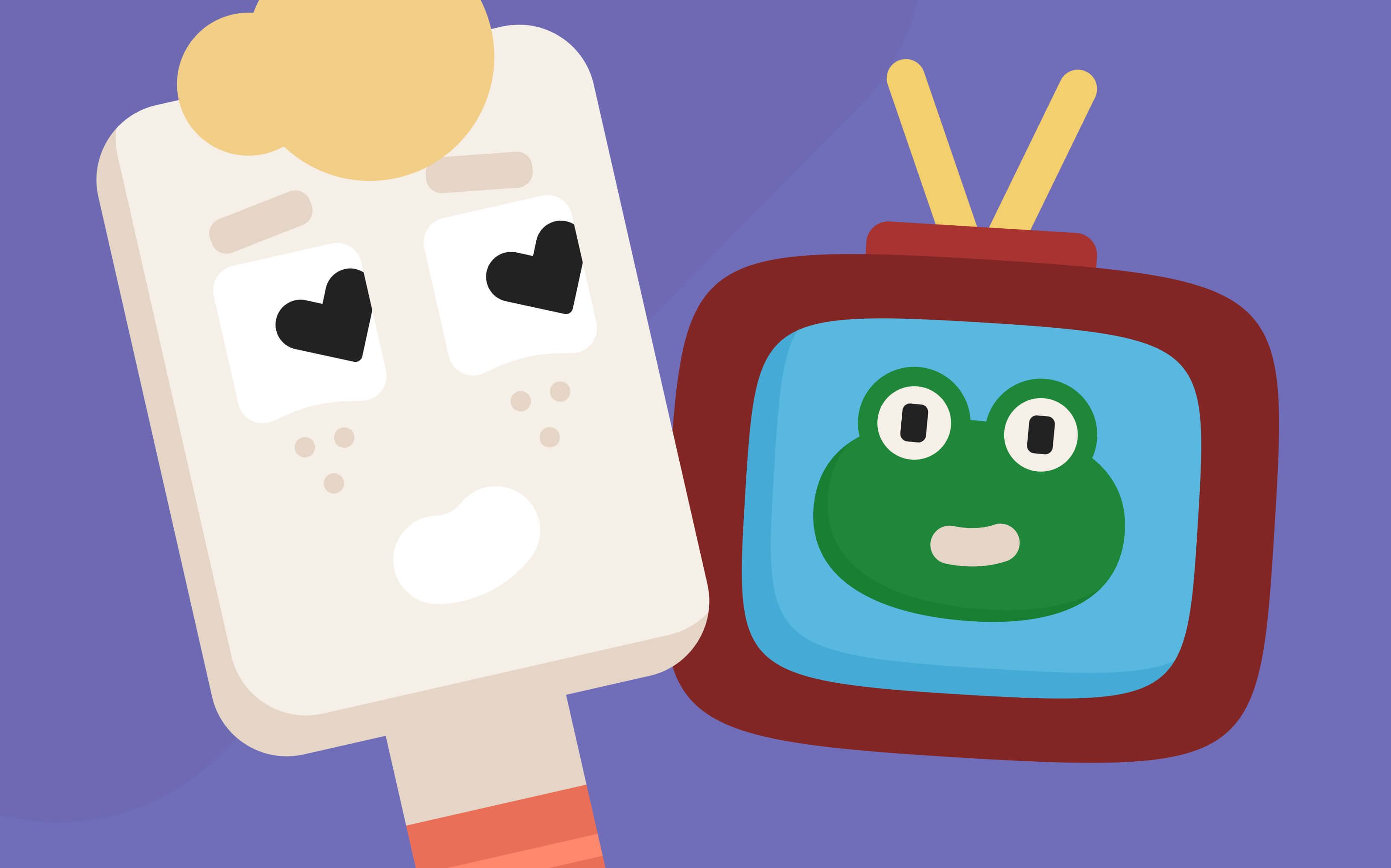 Иллюстрация ребенка, смотрящего телевизор с героем-лягушкой