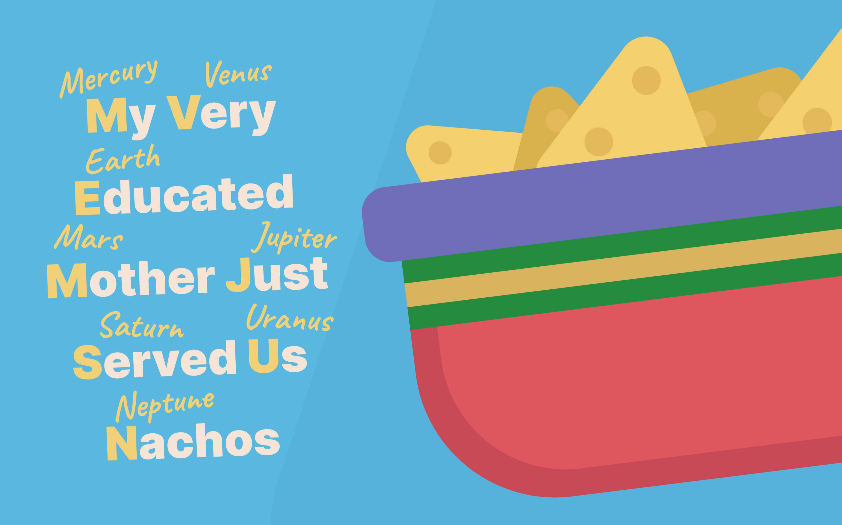 Иллюстрация мнемонической фразы My Very Educated Mother Just Served Us Nachos