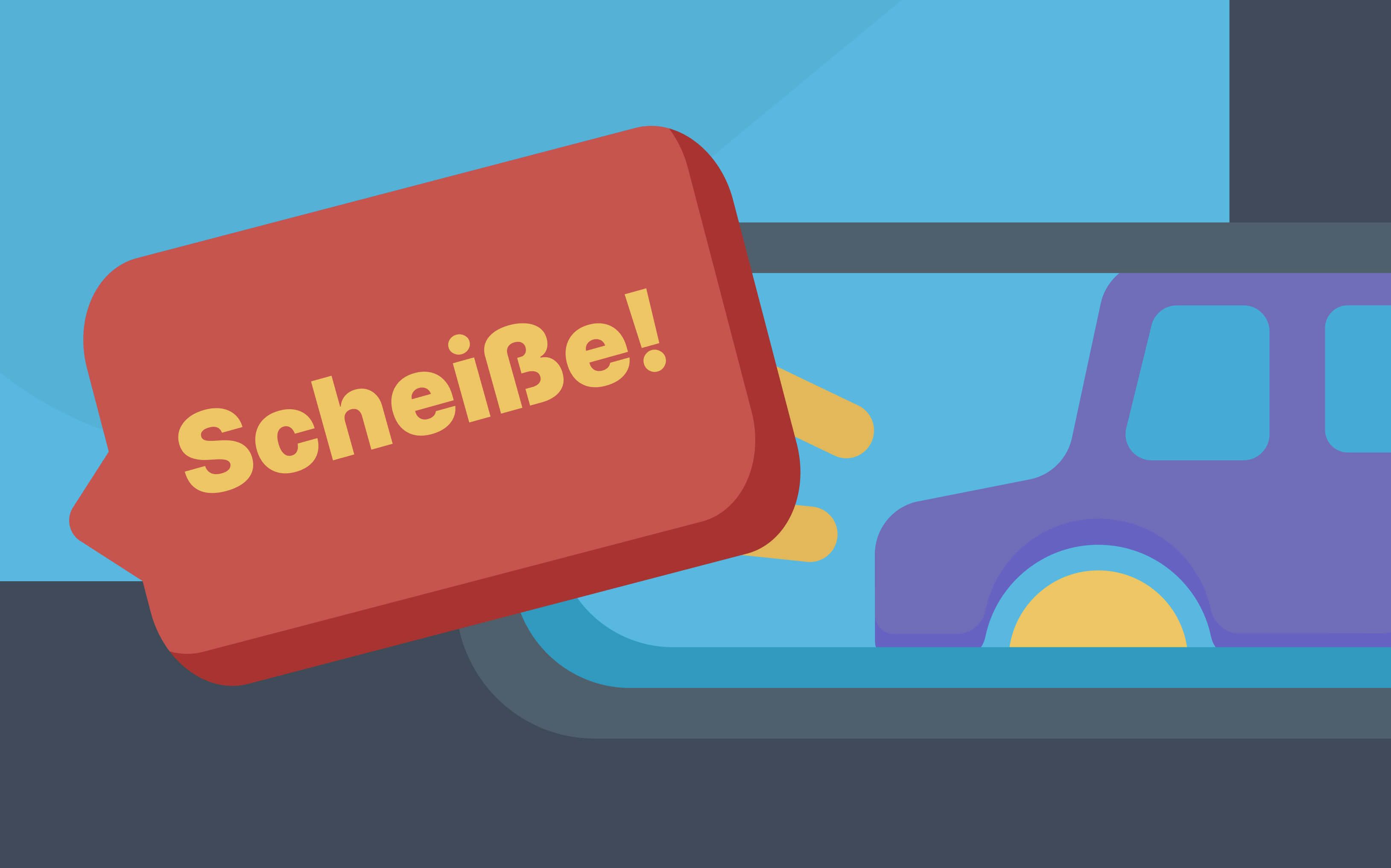 Бибикающая машина в заднем зеркале и крик Scheiße!